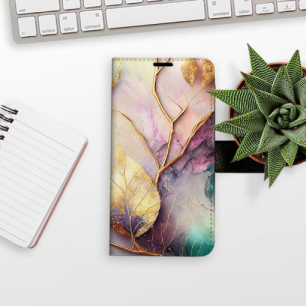 Flip pouzdro iSaprio - Apple iPhone X / XS - Gold Leaves 02 - kapsičky na karty
