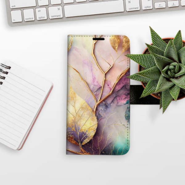 Flip pouzdro iSaprio - Apple iPhone 14 Pro Max - Gold Leaves 02 - kapsičky na karty