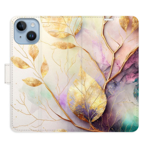 Flip pouzdro iSaprio - Apple iPhone 14 - Gold Leaves 02 - kapsičky na karty