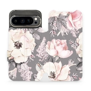 Flipové pouzdro Mobiwear - Google Pixel 9 Pro - MX06S Květy na šedém pozadí