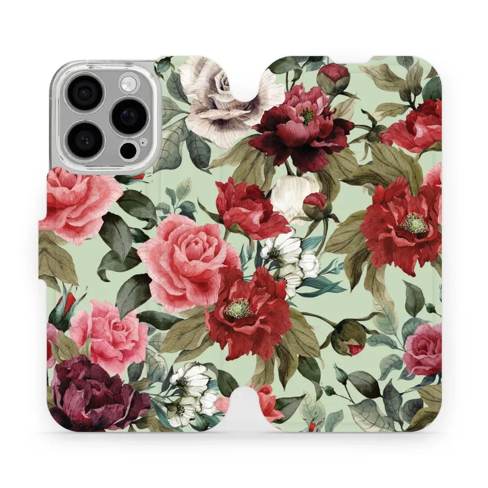 Flipové pouzdro Mobiwear - Apple iPhone 16 Pro - MD06P Růže a květy na světle zelené