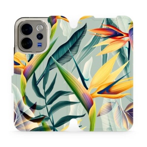 Flip pouzdro na mobil Vivo V70 5G - Mobiwear MC02S, žluté velké květy a zelené listy