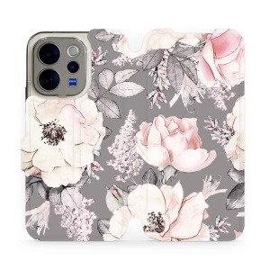 Flip pouzdro na mobil Vivo V70 5G - Mobiwear MX06S, květy na šedém pozadí