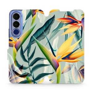 Flip pouzdro na mobil Vivo V70 FE - Mobiwear MC02S, žluté velké květy a zelené listy
