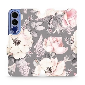 Flip pouzdro na mobil Vivo V70 FE - Mobiwear MX06S, květy na šedém pozadí