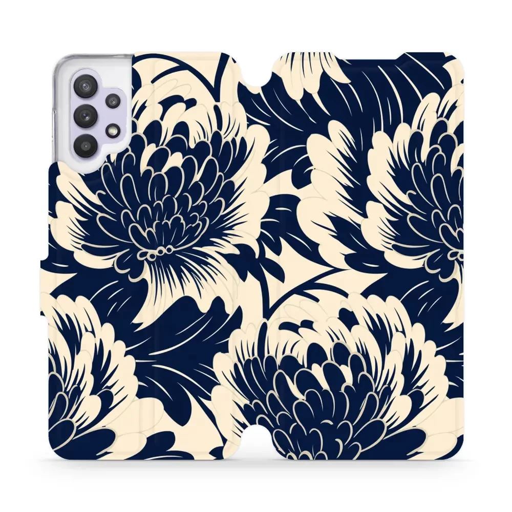 Knížkové flip pouzdro Mobiwear - Samsung Galaxy A32 5G - VA40S Modré a béžové květy - VÝPRODEJ