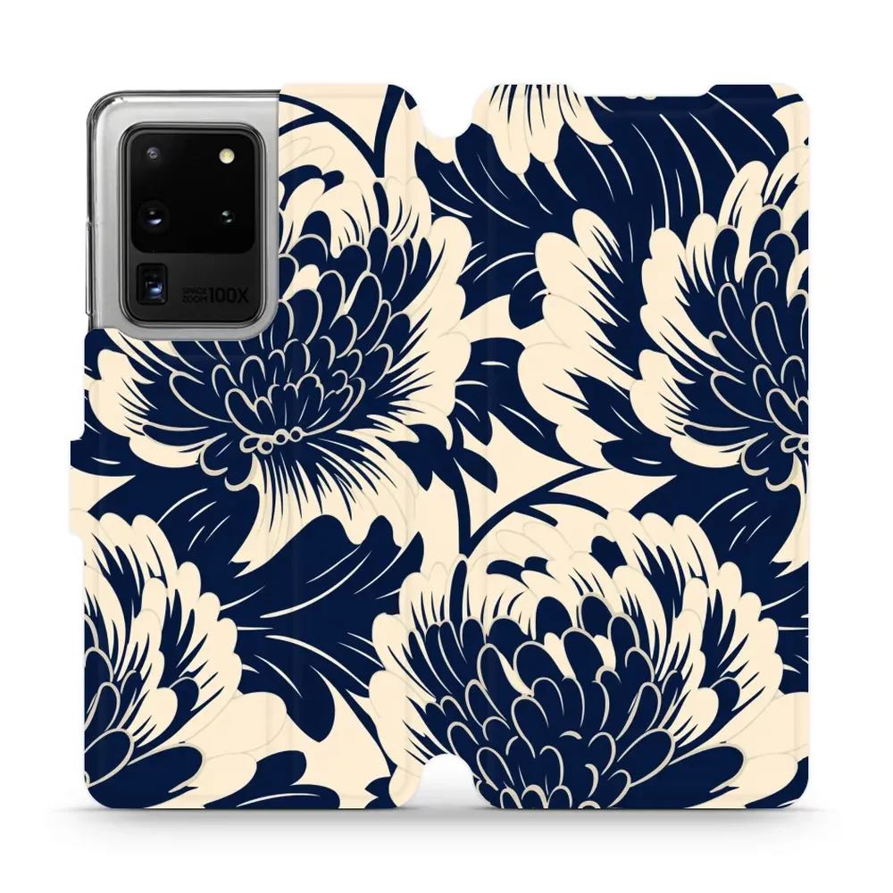 Knížkové flip pouzdro Mobiwear - Samsung Galaxy S20 Ultra - VA40S Modré a béžové květy - VÝPRODEJ