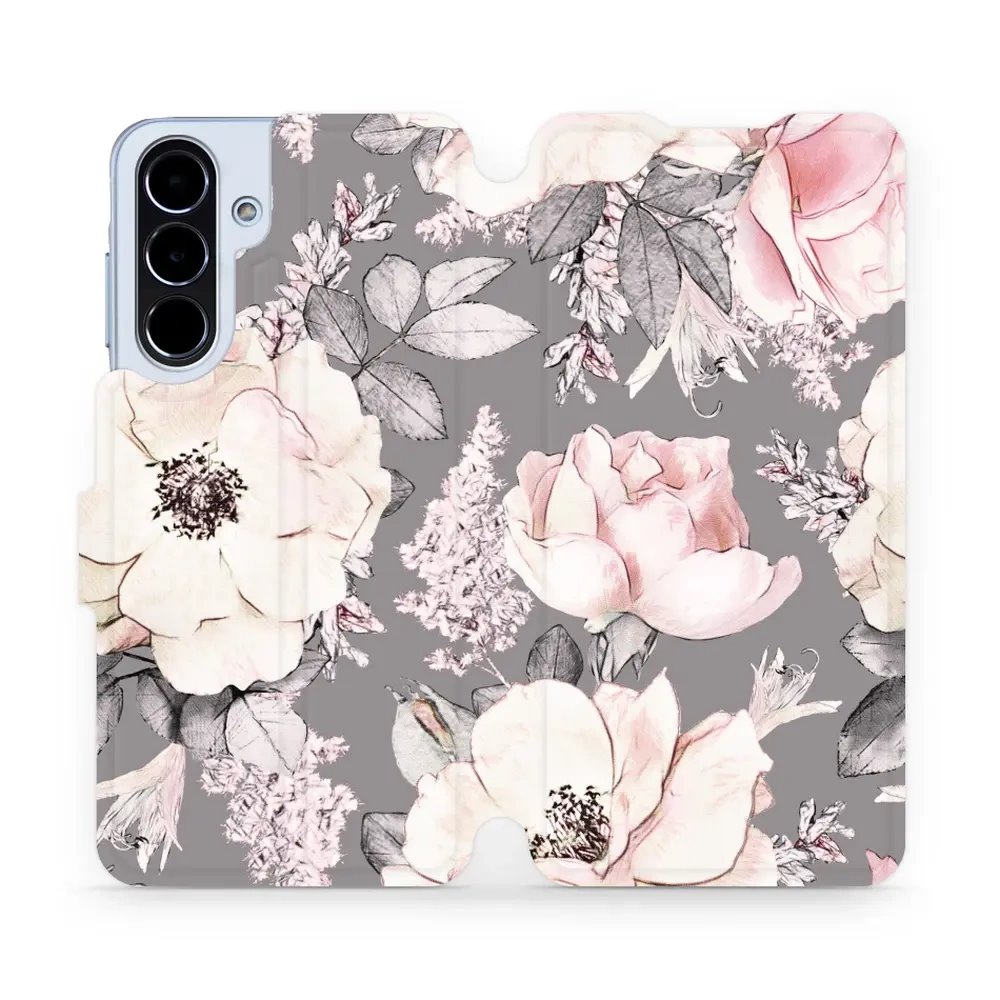 Flipové pouzdro Mobiwear - Samsung Galaxy A56 5G - MX06S Květy na šedém pozadí