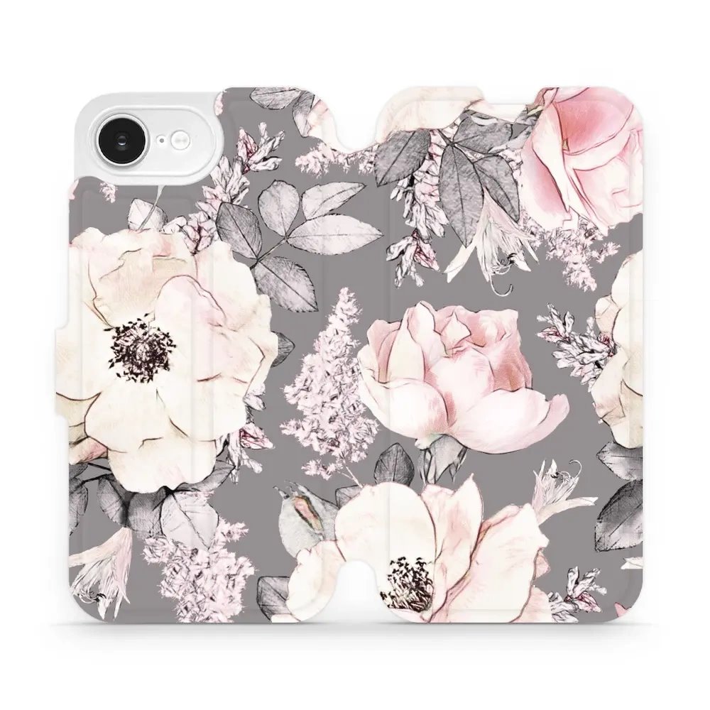 Flipové pouzdro Mobiwear - Apple iPhone 16e / iPhone 17e - MX06S Květy na šedém pozadí