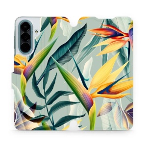 Flip pouzdro na mobil Samsung Galaxy A27 5G - Mobiwear MC02S, žluté velké květy a zelené listy