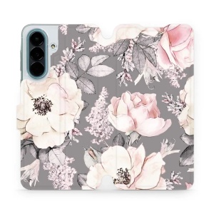 Flip pouzdro na mobil Samsung Galaxy A27 5G - Mobiwear MX06S, květy na šedém pozadí