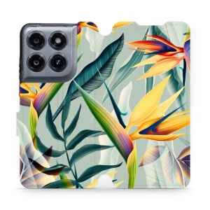 Flip pouzdro na mobil Motorola Moto G37 Power - Mobiwear MC02S, žluté velké květy a zelené listy