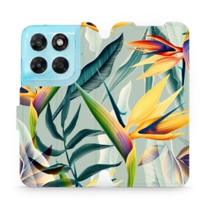 Flip pouzdro na mobil Motorola Moto G87 5G - Mobiwear MC02S, žluté velké květy a zelené listy