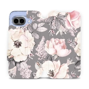 Flip pouzdro Mobiwear na mobil Google Pixel 10a - MX06S, květy na šedém pozadí