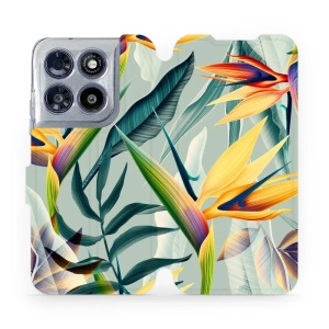 Flip pouzdro na mobil Motorola Moto G67 5G - Mobiwear MC02S, žluté velké květy a zelené listy