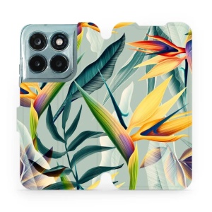 Flip pouzdro na mobil Motorola Moto G77 5G - Mobiwear MC02S, žluté velké květy a zelené listy