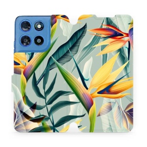 Flip pouzdro na mobil Motorola Moto G57 Power - Mobiwear MC02S, žluté velké květy a zelené listy