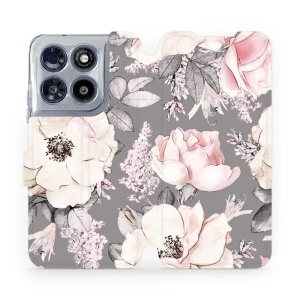 Flip pouzdro na mobil Motorola Moto G67 5G - Mobiwear MX06S, květy na šedém pozadí