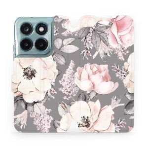 Flip pouzdro na mobil Motorola Moto G77 5G - Mobiwear MX06S, květy na šedém pozadí