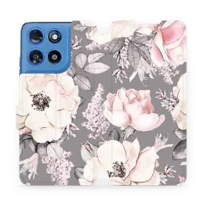 Flip pouzdro na mobil Motorola Moto G57 Power - Mobiwear MX06S, květy na šedém pozadí