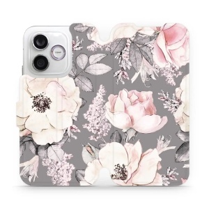 Flip pouzdro na mobil Honor 600 Lite - Mobiwear MX06S, květy na šedém pozadí