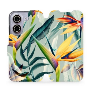Flip pouzdro na mobil Xiaomi POCO X8 Pro - Mobiwear MC02S, žluté velké květy a zelené listy