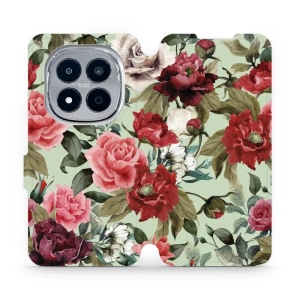 Flip pouzdro na mobil Xiaomi Redmi Note 15 Pro 4G - Mobiwear MD06P, růže a květy na světle zelené