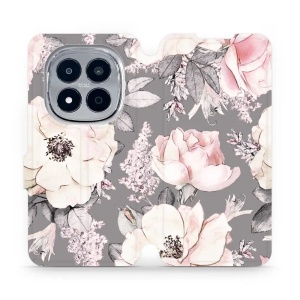 Flip pouzdro na mobil Xiaomi Redmi Note 15 Pro 4G - Mobiwear MX06S, květy na šedém pozadí