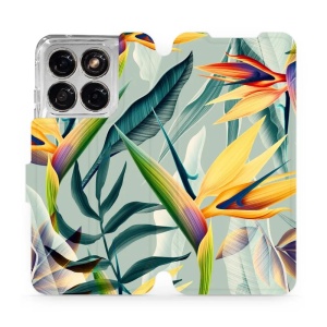 Flip pouzdro na mobil Motorola Edge 70 Fusion - Mobiwear MC02S, žluté velké květy a zelené listy