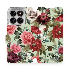 Flip pouzdro na mobil Motorola Edge 70 Fusion - Mobiwear MD06P, růže a květy na světle zelené