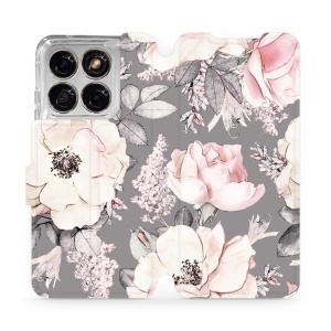 Flip pouzdro na mobil Motorola Edge 70 Fusion - Mobiwear MX06S, květy na šedém pozadí