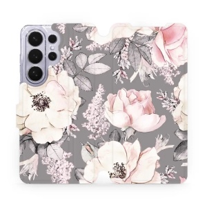 Flip pouzdro Mobiwear na mobil Samsung Galaxy S26 Ultra - MX06S, květy na šedém pozadí