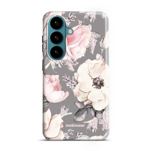 Odolný kryt na mobil Samsung Galaxy S26 - Mobiwear Elite Pro EX06E, květy na šedém pozadí