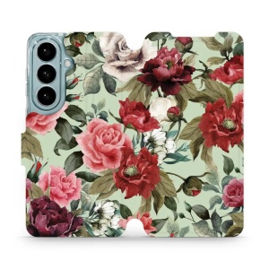 Flip pouzdro Mobiwear na mobil Samsung Galaxy S26 - MD06P, růže a květy na světle zelené