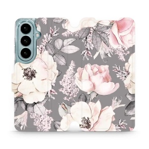 Flip pouzdro Mobiwear na mobil Samsung Galaxy S26 - MX06S, květy na šedém pozadí