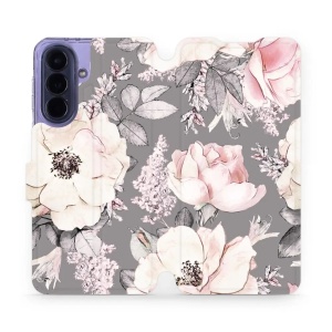 Flip pouzdro Mobiwear na mobil Samsung Galaxy A57 5G - MX06S, květy na šedém pozadí
