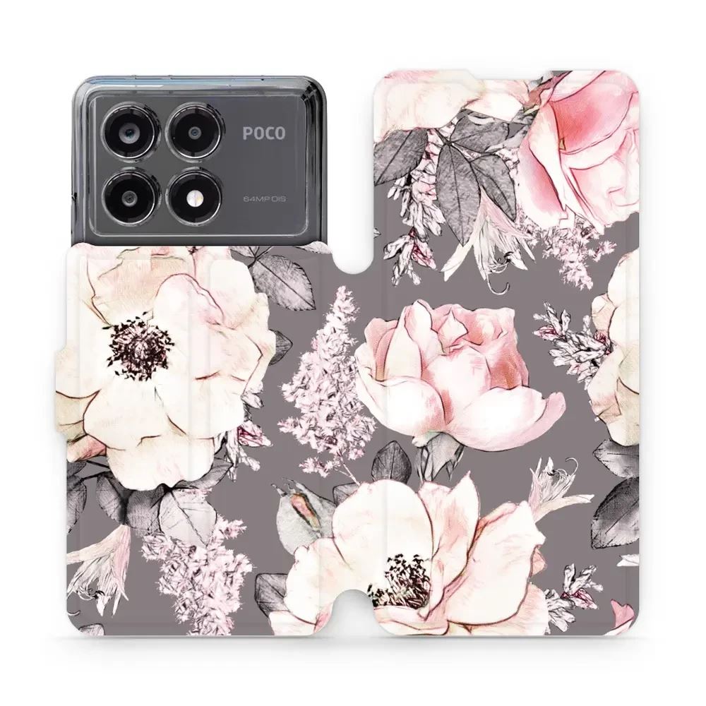 Flipové pouzdro Mobiwear - Xiaomi Poco X6 Pro 5G - MX06S Květy na šedém pozadí