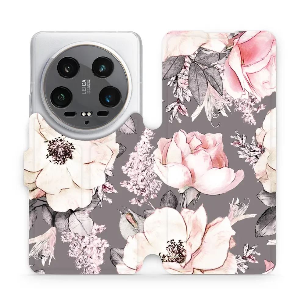 Flipové pouzdro Mobiwear - Xiaomi 14 Ultra 5G - MX06S Květy na šedém pozadí