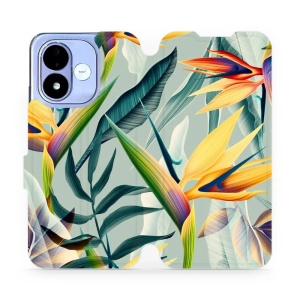Flip pouzdro na mobil Xiaomi Redmi Note 17 - Mobiwear MC02S, žluté velké květy a zelené listy