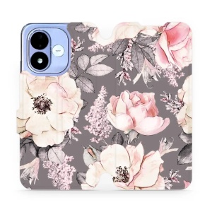 Flip pouzdro na mobil Xiaomi Redmi Note 17 - Mobiwear MX06S, květy na šedém pozadí