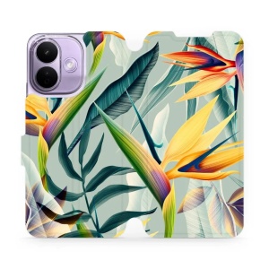 Flip pouzdro na mobil Xiaomi Redmi Note 17 Pro - Mobiwear MC02S, žluté velké květy a zelené listy