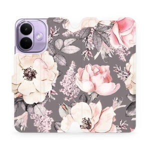 Flip pouzdro na mobil Xiaomi Redmi Note 17 Pro - Mobiwear MX06S, květy na šedém pozadí