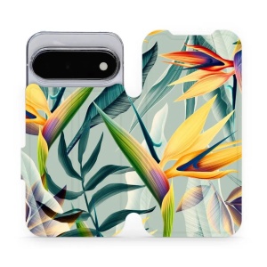 Flip pouzdro na mobil Google Pixel 11 - Mobiwear MC02S, žluté velké květy a zelené listy