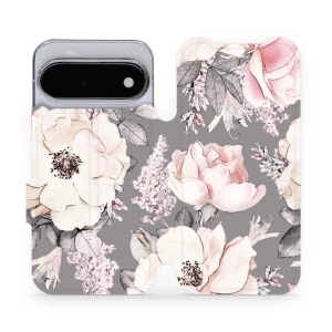 Flip pouzdro na mobil Google Pixel 11 - Mobiwear MX06S, květy na šedém pozadí