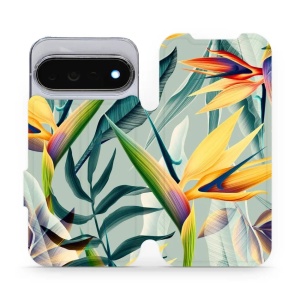 Flip pouzdro na mobil Google Pixel 11 Pro - Mobiwear MC02S, žluté velké květy a zelené listy