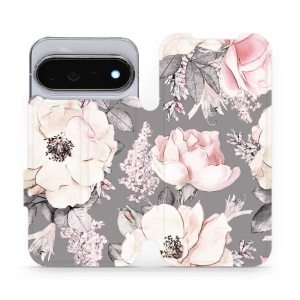 Flip pouzdro na mobil Google Pixel 11 Pro - Mobiwear MX06S, květy na šedém pozadí