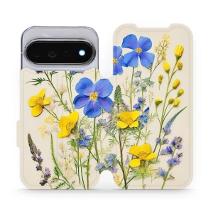 Flip pouzdro na mobil Google Pixel 11 Pro - Mobiwear VP41S, modré a žluté kvítky