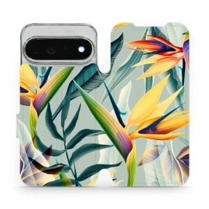 Flip pouzdro na mobil Google Pixel 11 Pro XL - Mobiwear MC02S, žluté velké květy a zelené listy