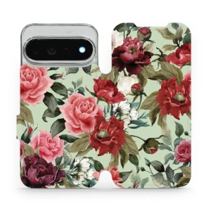 Flip pouzdro na mobil Google Pixel 11 Pro XL - Mobiwear MD06P, růže a květy na světle zelené