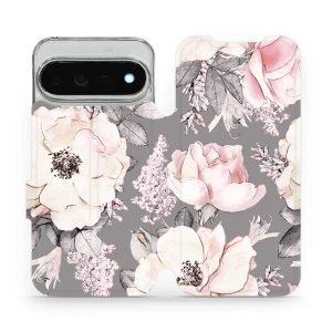 Flip pouzdro na mobil Google Pixel 11 Pro XL - Mobiwear MX06S, květy na šedém pozadí